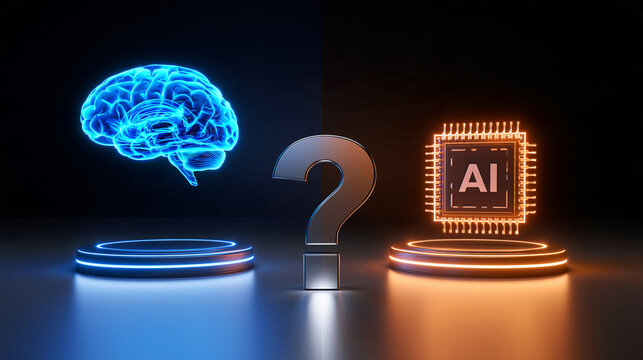 A glowing human brain and an AI processor chip face a question mark on illuminated pedestals. Exploring human vs. artificial intelligence concepts.