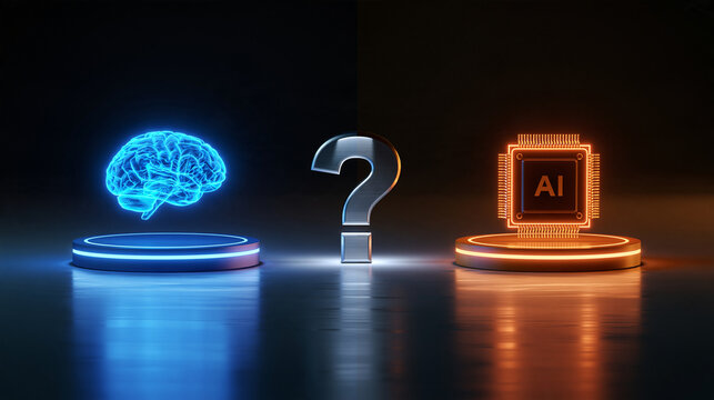 A glowing brain and AI chip face off over a question mark on neon-lit pedestals. This represents the human vs. artificial intelligence debate and future challenges.