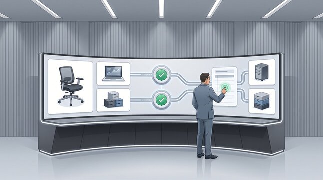 Corporate Centralized e-Procurement Portal and Vendor Supply Ordering System with Wide Console Screen Displaying Approved Catalog Items and Multi Tiered Purchasing Workflow for Budget Spending Control