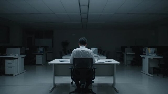 夜の暗いオフィスで一人残業する男性、長時間労働と深夜勤務