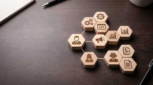 Wooden blocks representing team structure and business collaboration concept