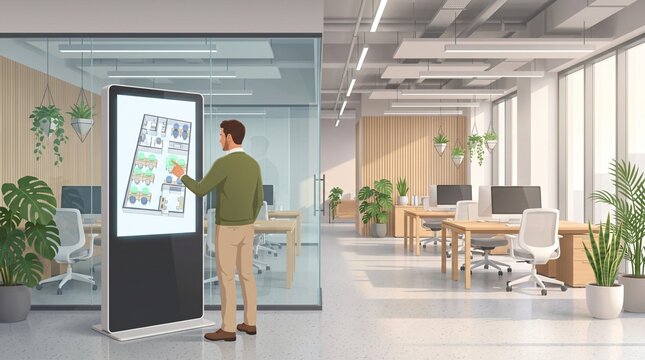 Agile Hot Desking Office Reservation and Modern Workspace Booking System with Floorplan Map Showing Glowing Green Available and Blue Booked Workstations Selected on Tablet for Flexible Hybrid Work