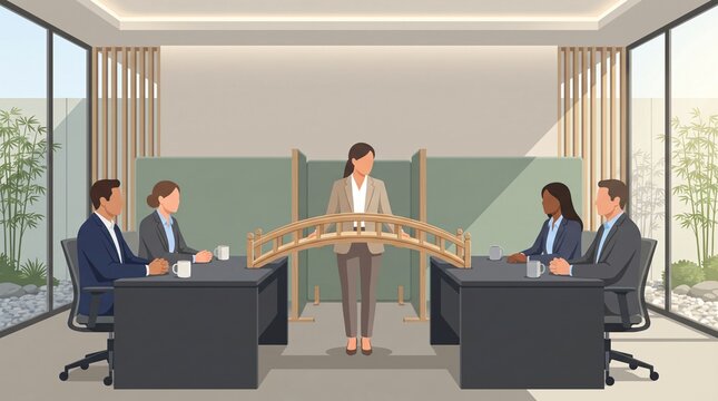 Workplace Dispute Resolution Mediation and Industrial Relations Consensus with Independent Mediator Uniting Divided Desks with Smooth Polished Wooden Bridge for Harmonious Teamwork and Compromise