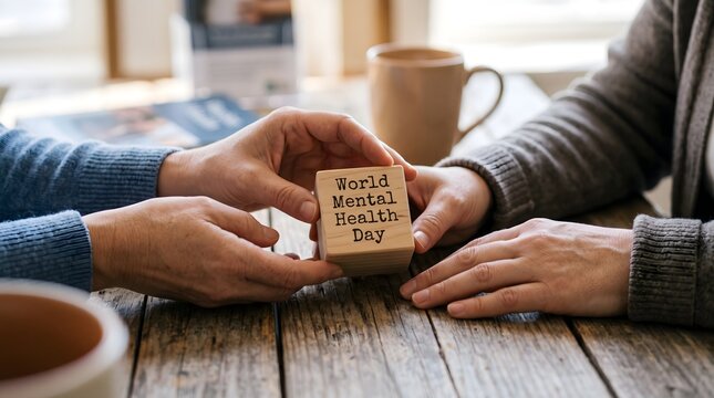 Hands holding mental health concept block for wellbeing awareness