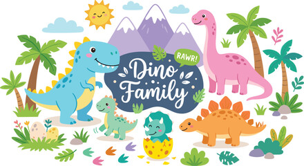  Cute dino family vector illustration featuring happy cartoon dinosaurs  © benojir