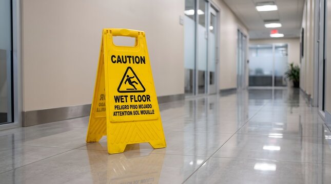 Yellow caution sign on indoor floor indicating wet surface safety warning in hallway