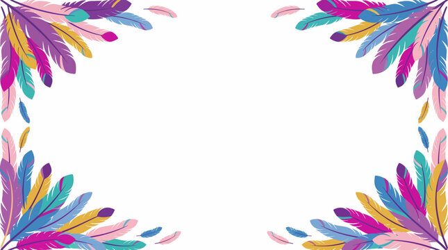 Colorful feathers arranged in a decorative border on a white background
