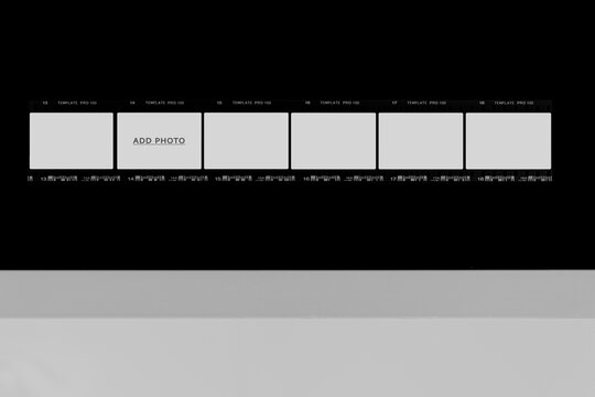 35mm film strip mockup template with grey frames and add photo text on black and grey background.