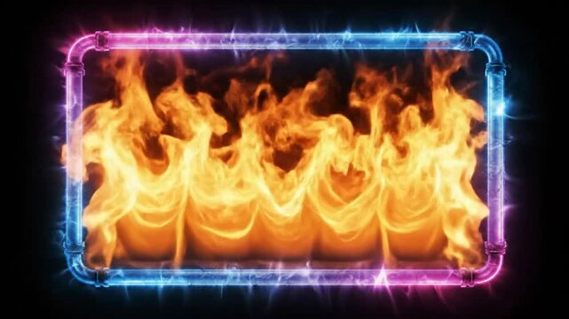 Neon blue and pink rectangle with fire flames in the middle, animated abstract background