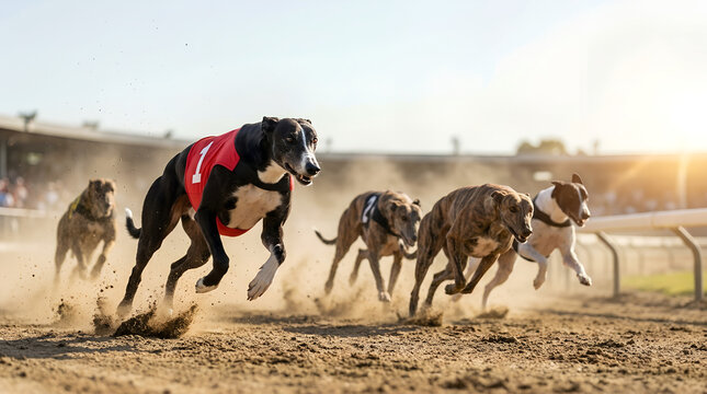 Greyhounds racing fiercely on a dirt track during a speed king competition