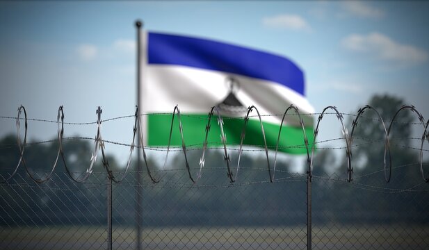 Lesotho - Flag and Barbed Wire Fence - 3D illustration