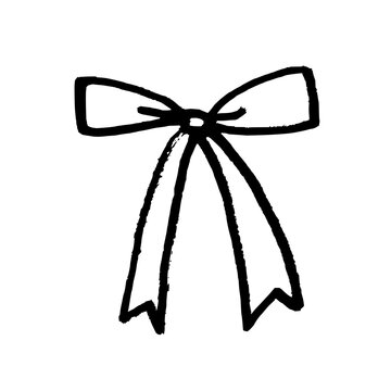 Black ribbon bow. Ribbon and bow for gifts and awards, isolated hand-drawn object. Black doodle style sketch.
