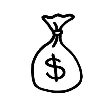Dollar bag isolated hand drawn object. Black doodle style sketch. Simple isolated outline of money bag.