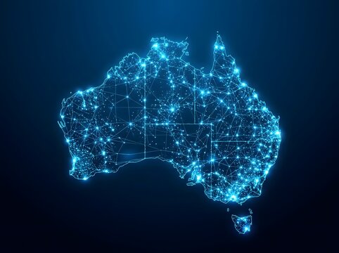 Glowing digital network forming a map of australia