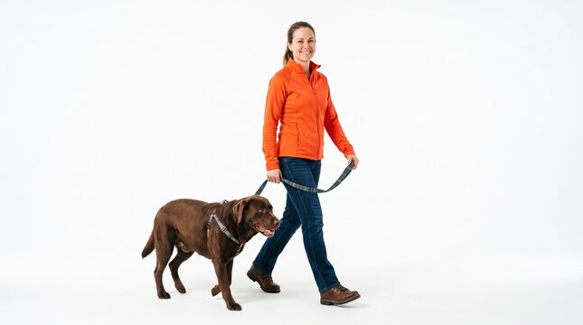 White woman standing full body walking beside a large brown dog, holding a colorful leash, friendly smile, vivid orange jacket and blue jeans, isolated on white background