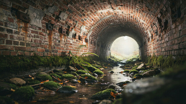 Old brick tunnel with flowing stream and natural light shining through the archway