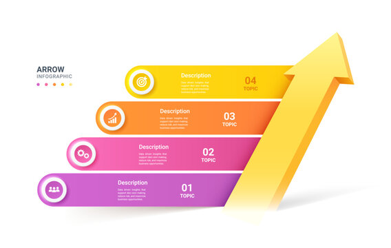 Modern 3D  Arrow Growth 4 Step Process Infographic Template Diagram Background.