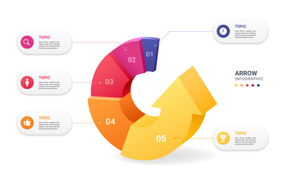 Modern 3D Circular Arrow 5 Step Business Process Infographic Template Background Diagram Concept.