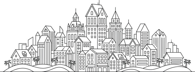 Obraz premium A detailed hand drawn black and white ink sketch illustration of a dense cityscape featuring various tall buildings and architectural structures in profile