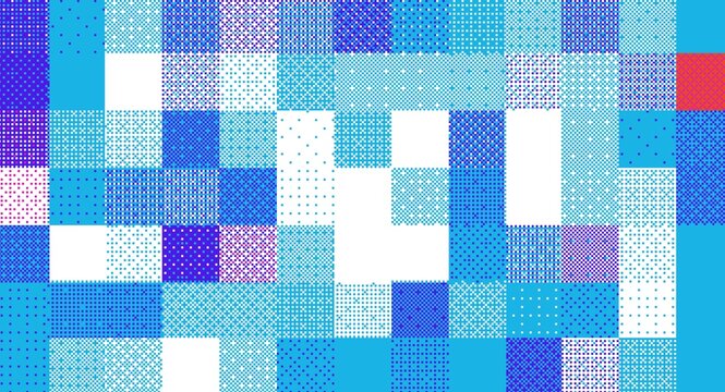 Abstract retro 8-bit pixel art background with geometric halftone square blocks.