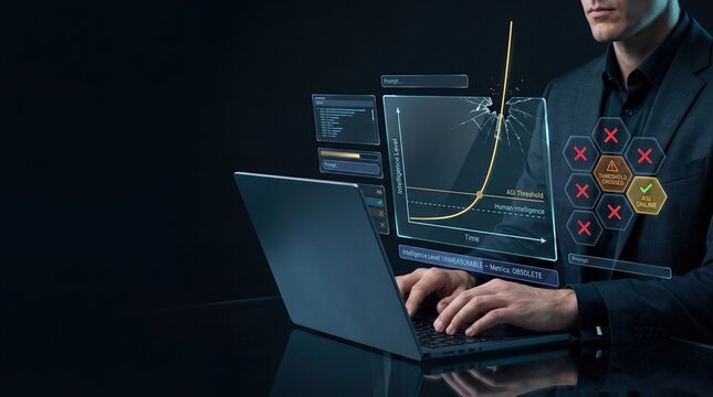 Artificial intelligence exponential growth concept with executive viewing an unmeasurable intelligence chart breaking through limits in a dark futuristic operations center