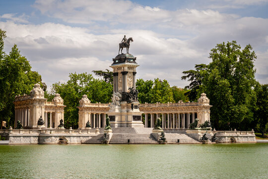Monument to Alfonso XII with Equestrian Statue and Colonnade, Retiro Park Madrid, Spain. Spain travel and tourism.