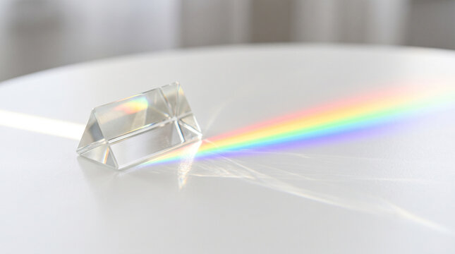Glass triangular prism refracting white light into a rainbow spectrum on a white surface