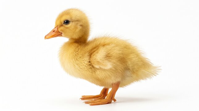 A cute fluffy yellow duckling standing isolated on a white background.