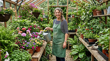 Fototapeta premium Woman smiling while tending to vibrant garden flowers.