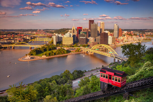 Pittsburgh, Pennsylvania, USA. Aerial cityscape image of Pittsburgh, Pennsylvania at beautiful summer sunset.