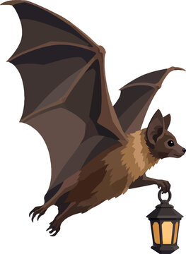 bat with spread wings grasping tiny lantern, side profile facing right, halloween vector illustration