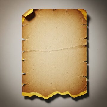 A piece of aged vintage paper featuring a textured tan surface and a jagged torn bottom edge, isolated on a simple plain neutral background, design, beige, document