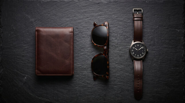 Men's leather wallet, sunglasses, and wrist watch arranged as a flat lay on dark textured background.
