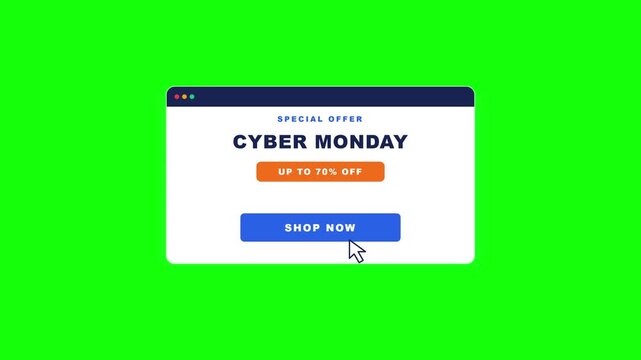 Cyber Monday sale popup banner with Shop Now button and mouse cursor click vector animation interface
