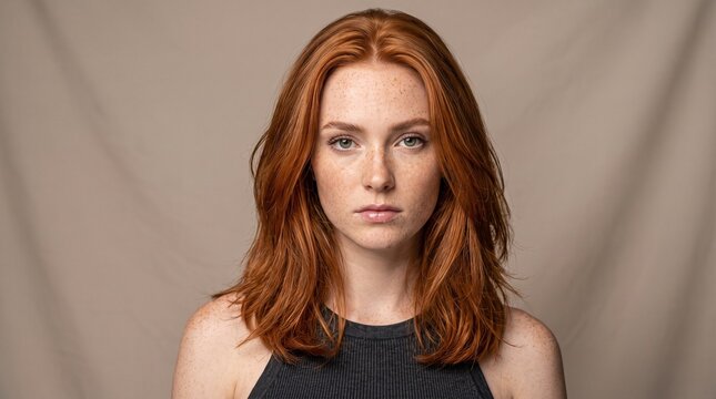Portrait of a beautiful young woman with red hair and freckles looking at the camera.