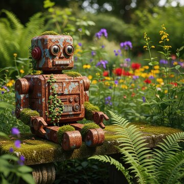 A rusty vintage robot rests quietly in a lush overgrown garden, surrounded by vibrant green ferns and blooming wildflowers in soft light, green, sculpture, peace