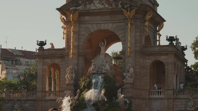 Cascada Monumental fountain with Venus statue at Parc de la Ciutadella in Barcelona, Spain, ornate landmark architectural scenery under warm sunlight, close-up.