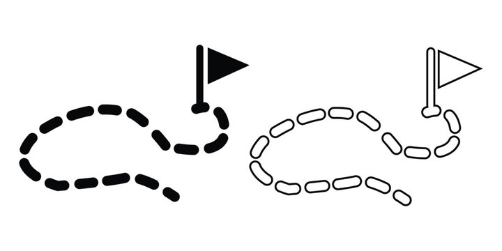 Winding path to destination with directional trail and flag, navigation, journey, route planning and goal achievement vector icon set