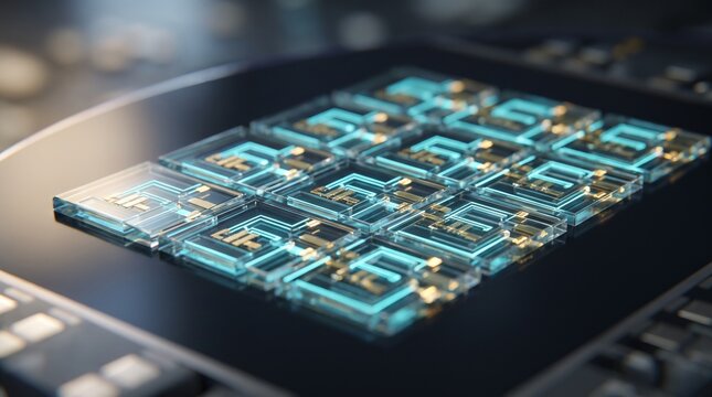 Futuristic microchip processor architecture features glowing cyan circuits encased in translucent glass squares with intricate gold connections and sharp focus