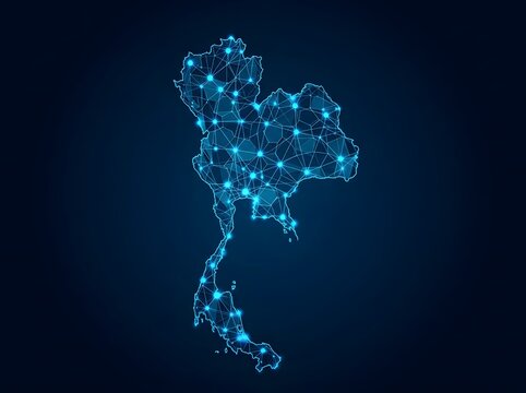 Digital thailand map with glowing network connections and data nodes