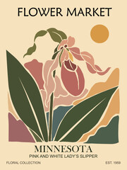 Obraz premium Vintage botanical flower market poster featuring the pink and white lady slipper Minnesota state flower for home decor travel branding and floral design