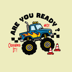 Monster Truck Jumping Over Cones Cartoon Illustration  © atap