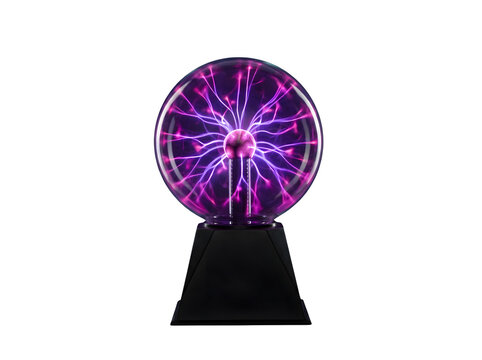 Glowing plasma sphere with vibrant purple electric discharge effects on black stand.
