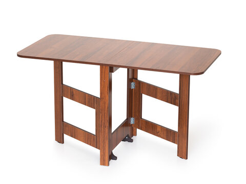 Folding transformer table with narrow walnut color tabletop isolated on white background, product photography