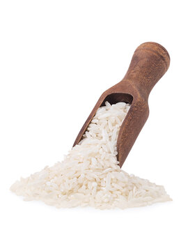 White long grain rice spilling from wooden scoop, pile of grains, isolated on white background