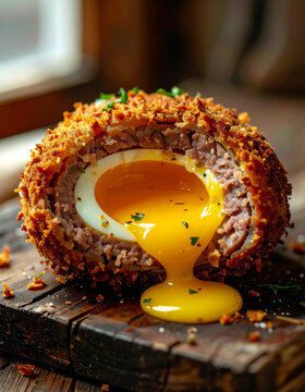 Scotch egg sliced open on weathered wooden board, golden crispy crust, tender sausage layer and runny yellow yolk, tasty food. Delicious meal. Close-up.