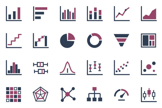 Chart type icon set vector, twenty-four data visualization symbols for bar line pie and funnel charts, flat slate blue and plum design