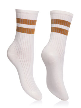 Single beige sock with double stripe on cuff in two views on ghost mannequin isolated on white background