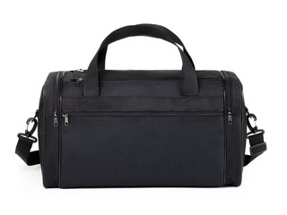 Obraz na płótnie Canvas Black textile travel duffel bag with handles and shoulder strap isolated on white background, front view, product photography