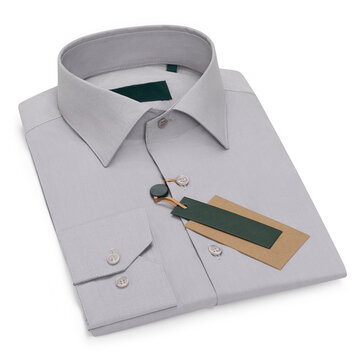 Folded gray men's long sleeve shirt with blank price tag isolated on white background, angled view, product photography